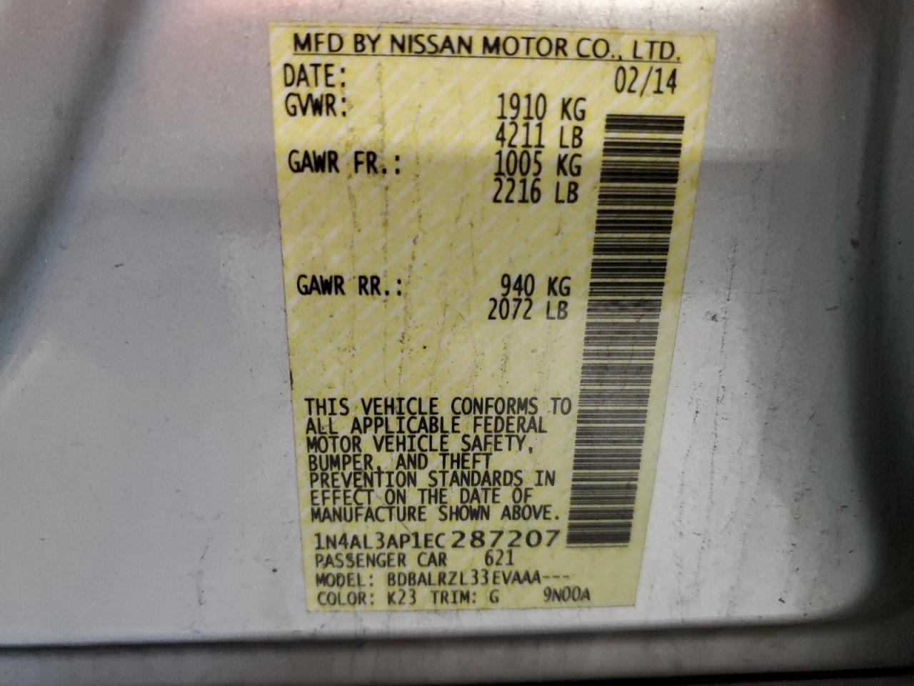 VIN 1N4AL3AP1EC287207 2014 NISSAN ALTIMA no.12