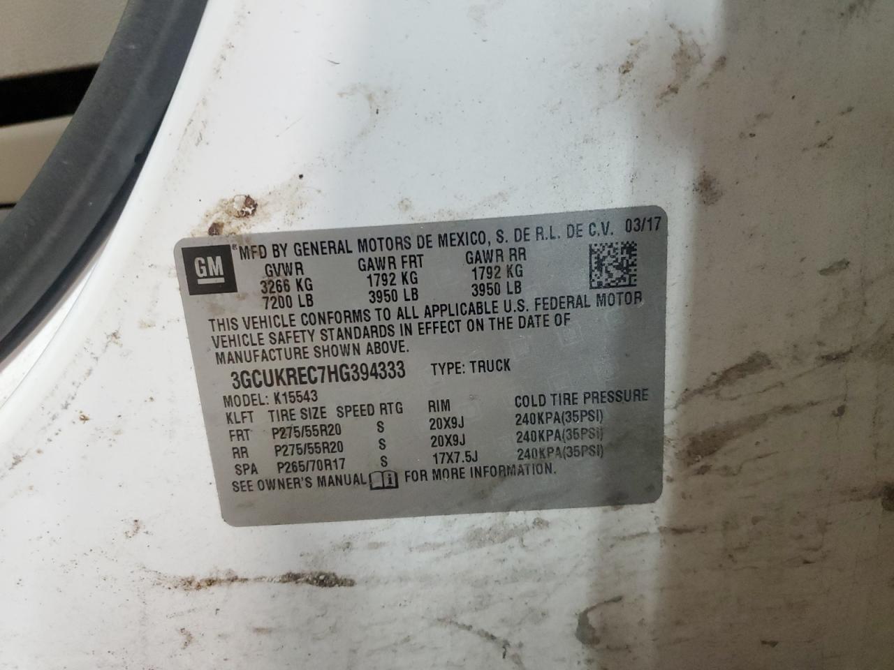 2017 Chevrolet Silverado K1500 Lt VIN: 3GCUKREC7HG394333 Lot: 88715505