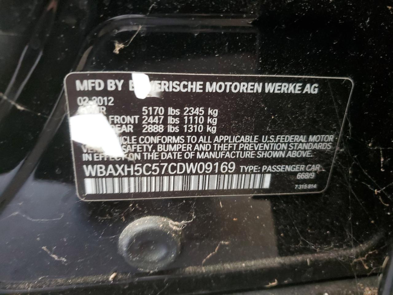 2012 BMW 528 Xi VIN: WBAXH5C57CDW09169 Lot: 43260625