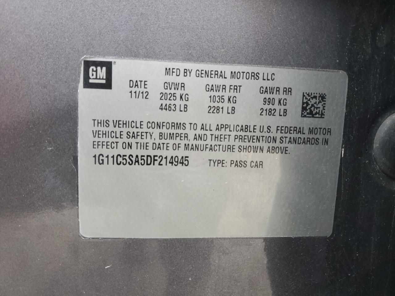 2013 Chevrolet Malibu 1Lt VIN: 1G11C5SA5DF214945 Lot: 88060595