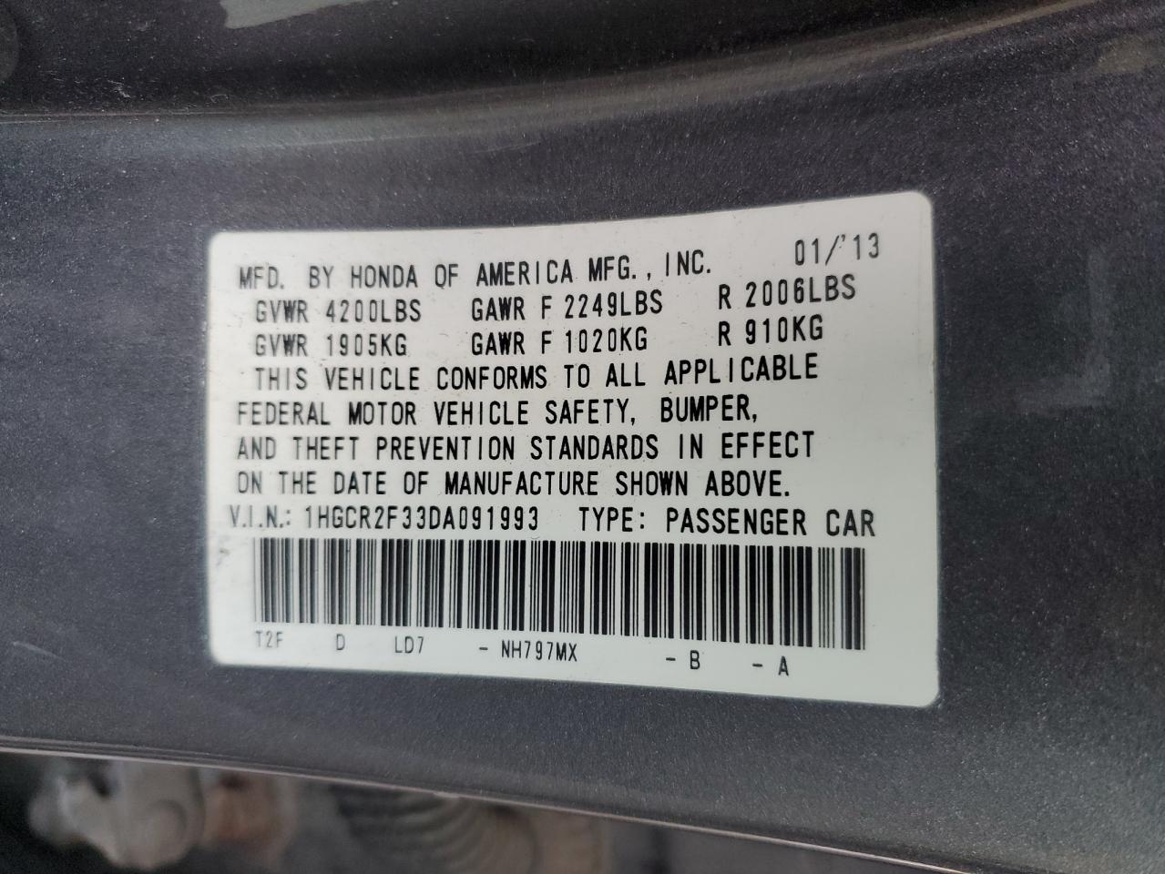 VIN 1HGCR2F33DA091993 2013 HONDA ACCORD no.12