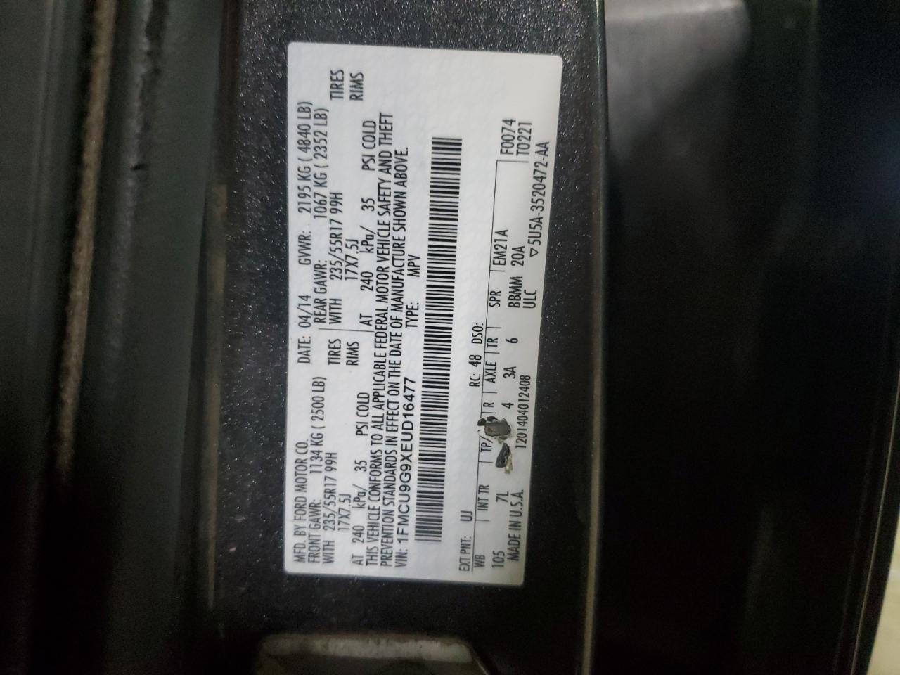 VIN 1FMCU9G9XEUD16477 2014 FORD ESCAPE no.13