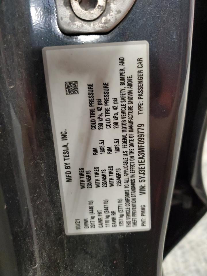 2021 Tesla Model 3 VIN: 5YJ3E1EA3MF099779 Lot: 41732365