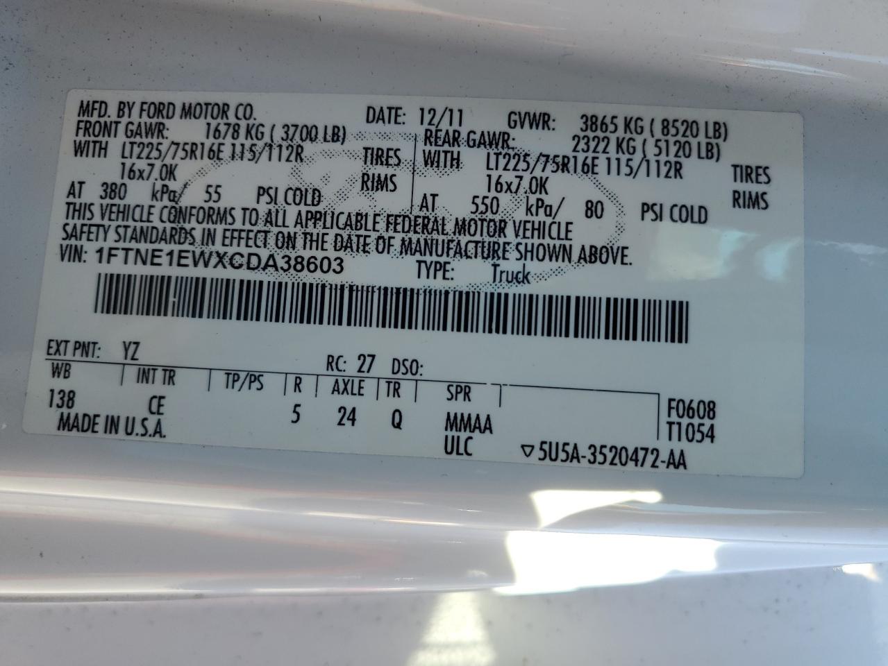 2012 Ford Econoline E150 Van VIN: 1FTNE1EWXCDA38603 Lot: 88484435