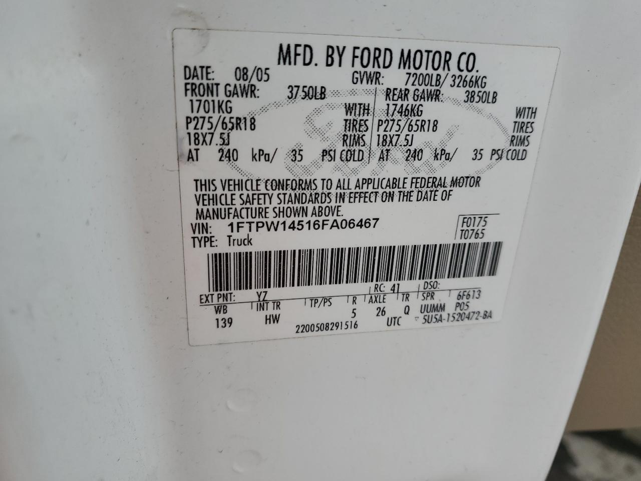 2006 Ford F150 Supercrew VIN: 1FTPW14516FA06467 Lot: 88421945