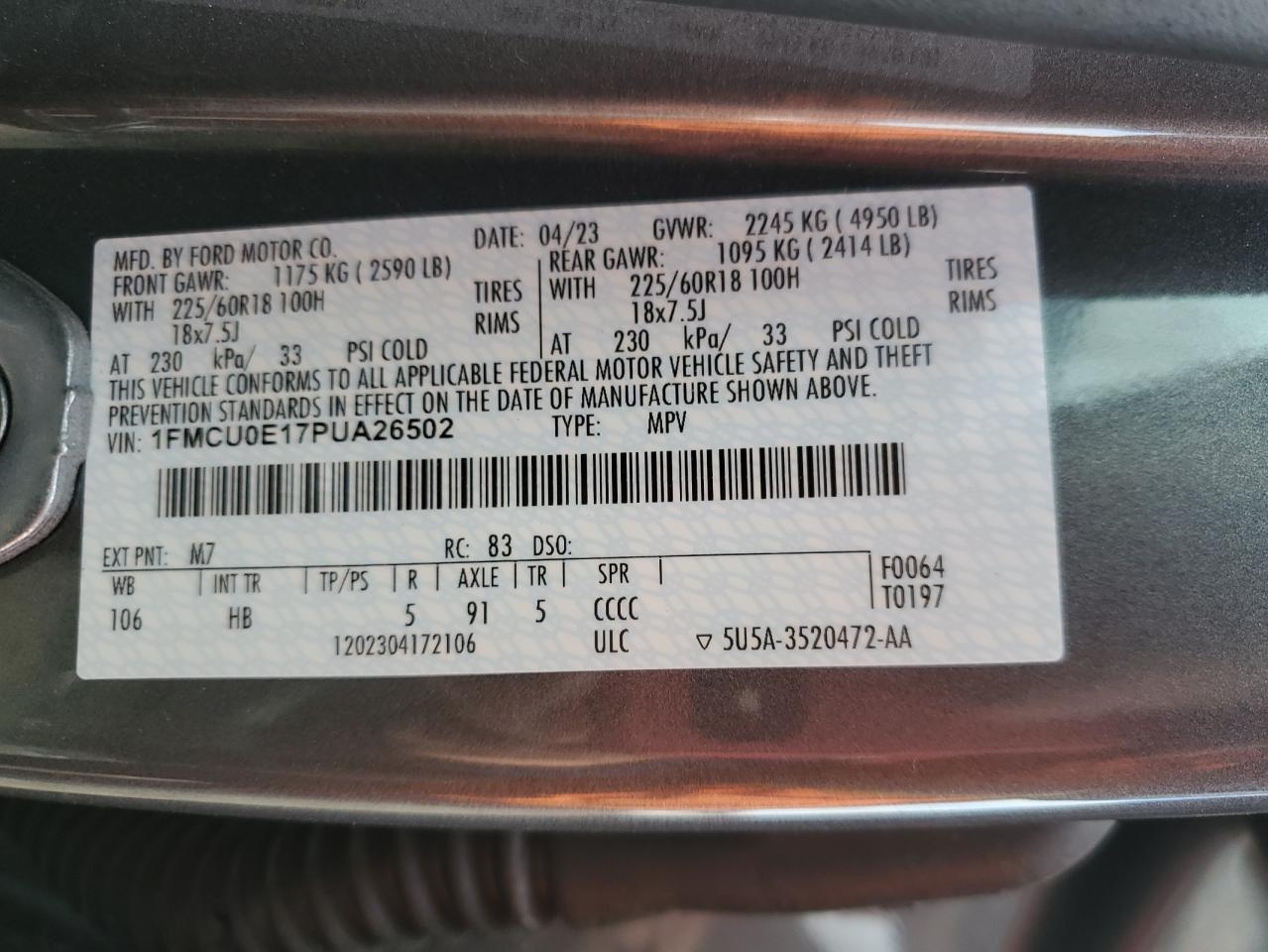 VIN 1FMCU0E17PUA26502 2023 FORD ESCAPE no.13