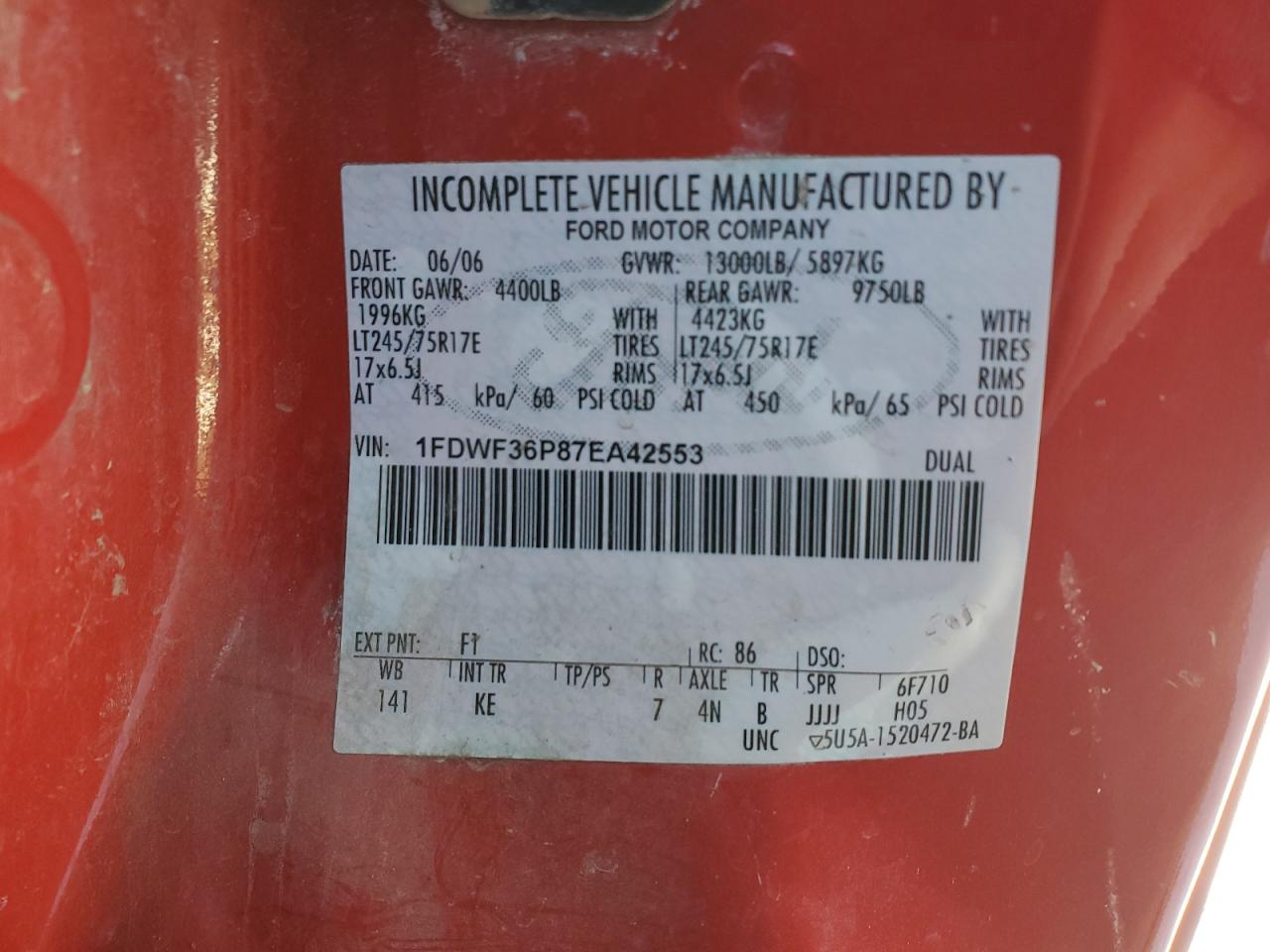 2007 Ford F350 Super Duty VIN: 1FDWF36P87EA42553 Lot: 89328385