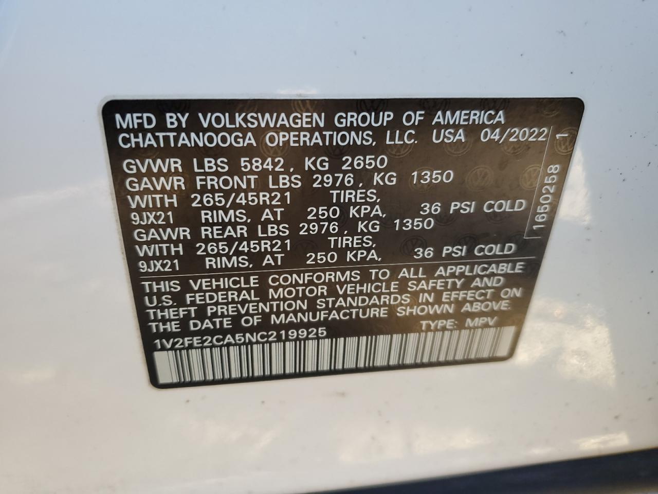 2022 Volkswagen Atlas Cross Sport Sel Premium R-Line VIN: 1V2FE2CA5NC219925 Lot: 87932325