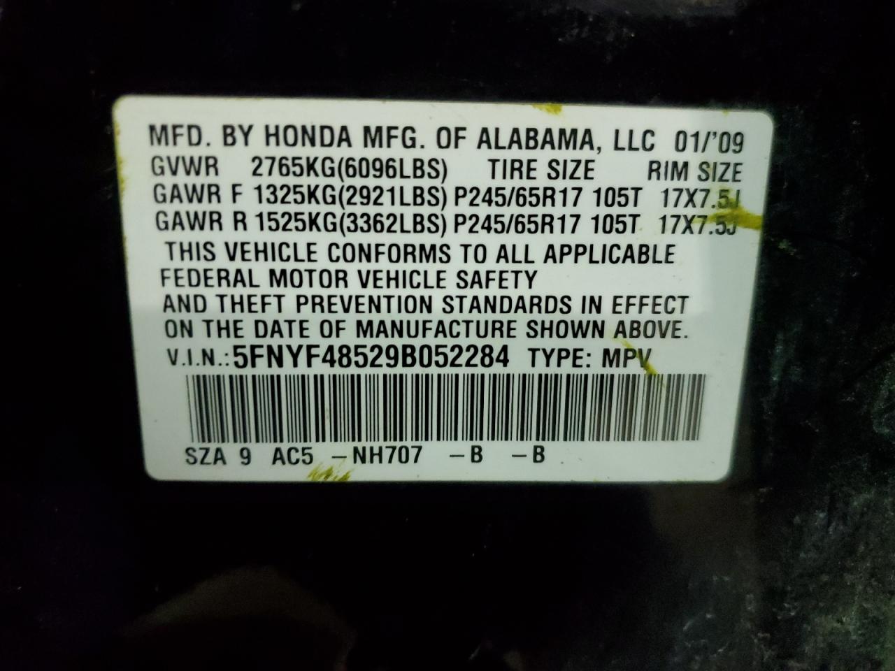 2009 Honda Pilot Exl VIN: 5FNYF48529B052284 Lot: 43001515