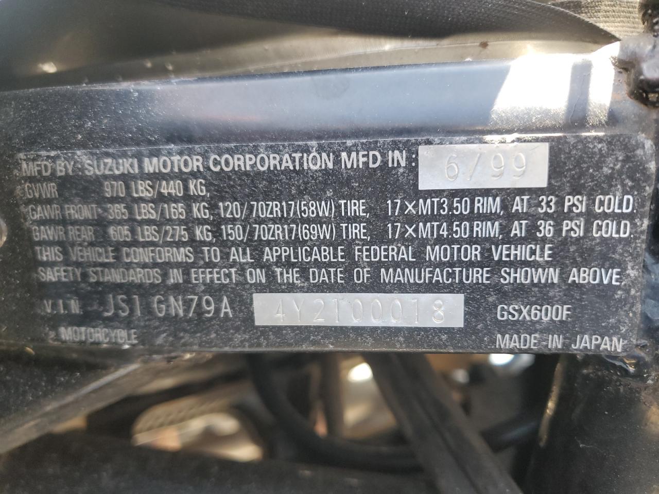 2000 Suzuki Gsx600 F VIN: JS1GN79A4Y2100018 Lot: 42367025