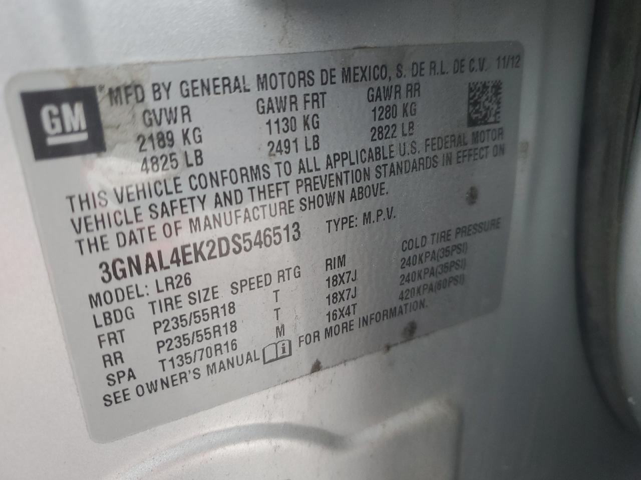 2013 Chevrolet Captiva Ltz VIN: 3GNAL4EK2DS546513 Lot: 89404195