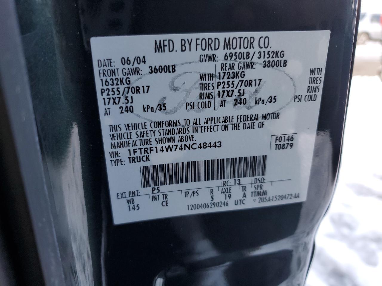2004 Ford F150 VIN: 1FTRF14W74NC48443 Lot: 89192415