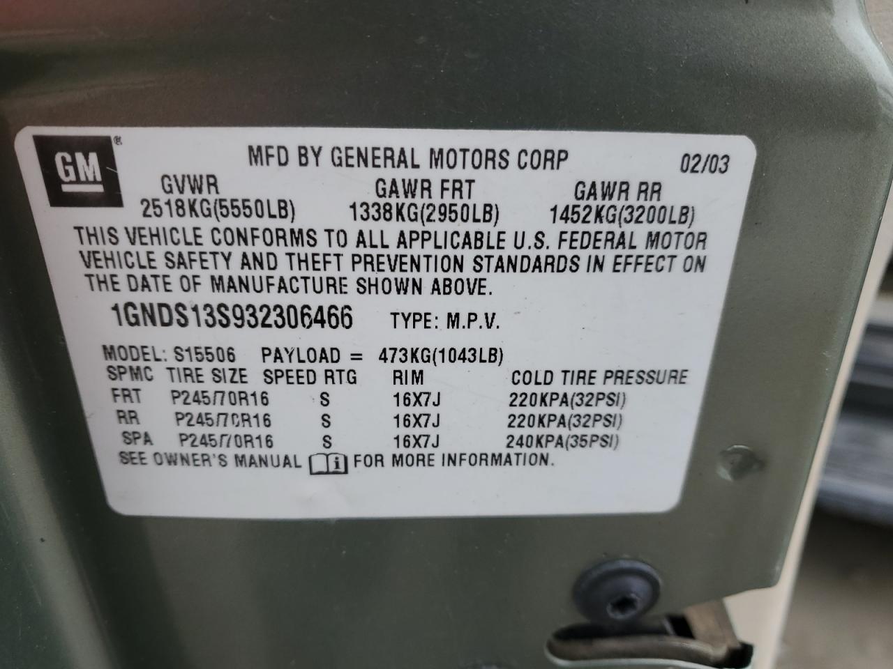 2003 Chevrolet Trailblazer VIN: 1GNDS13S932306466 Lot: 86872814