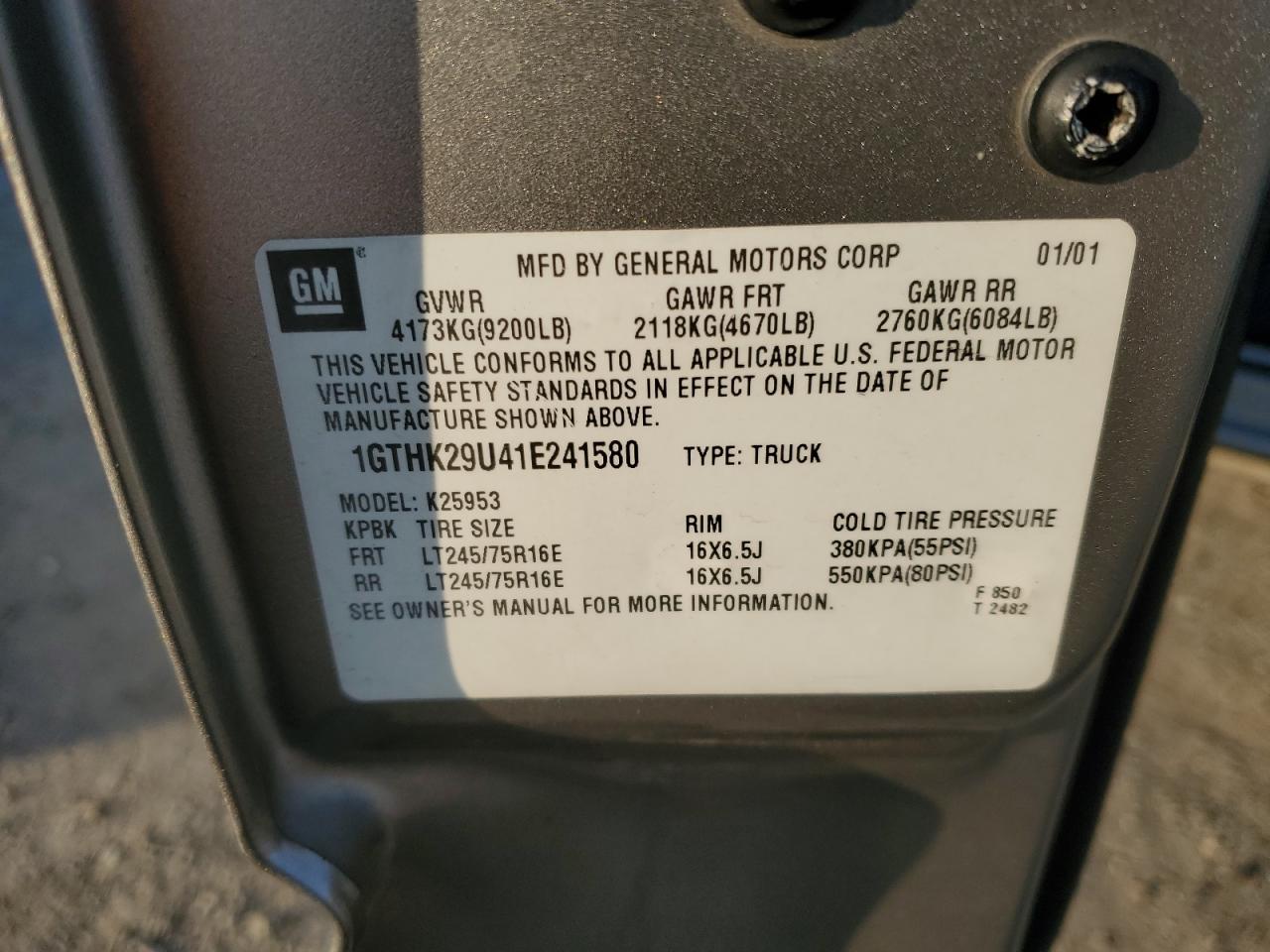 2001 GMC Sierra K2500 Heavy Duty VIN: 1GTHK29U41E241580 Lot: 42424315