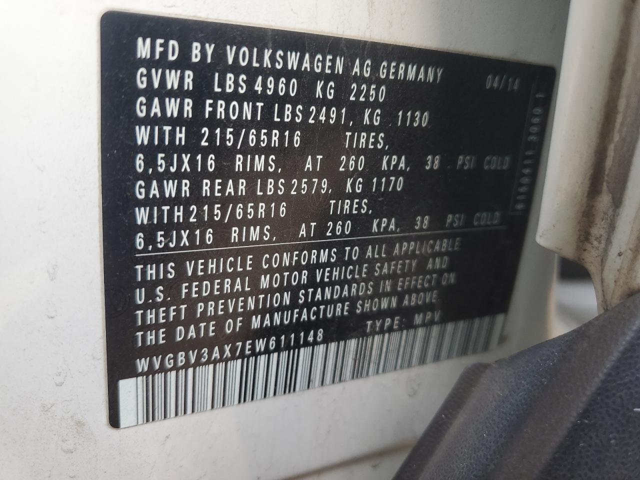 2014 Volkswagen Tiguan S VIN: WVGBV3AX7EW611148 Lot: 41776535