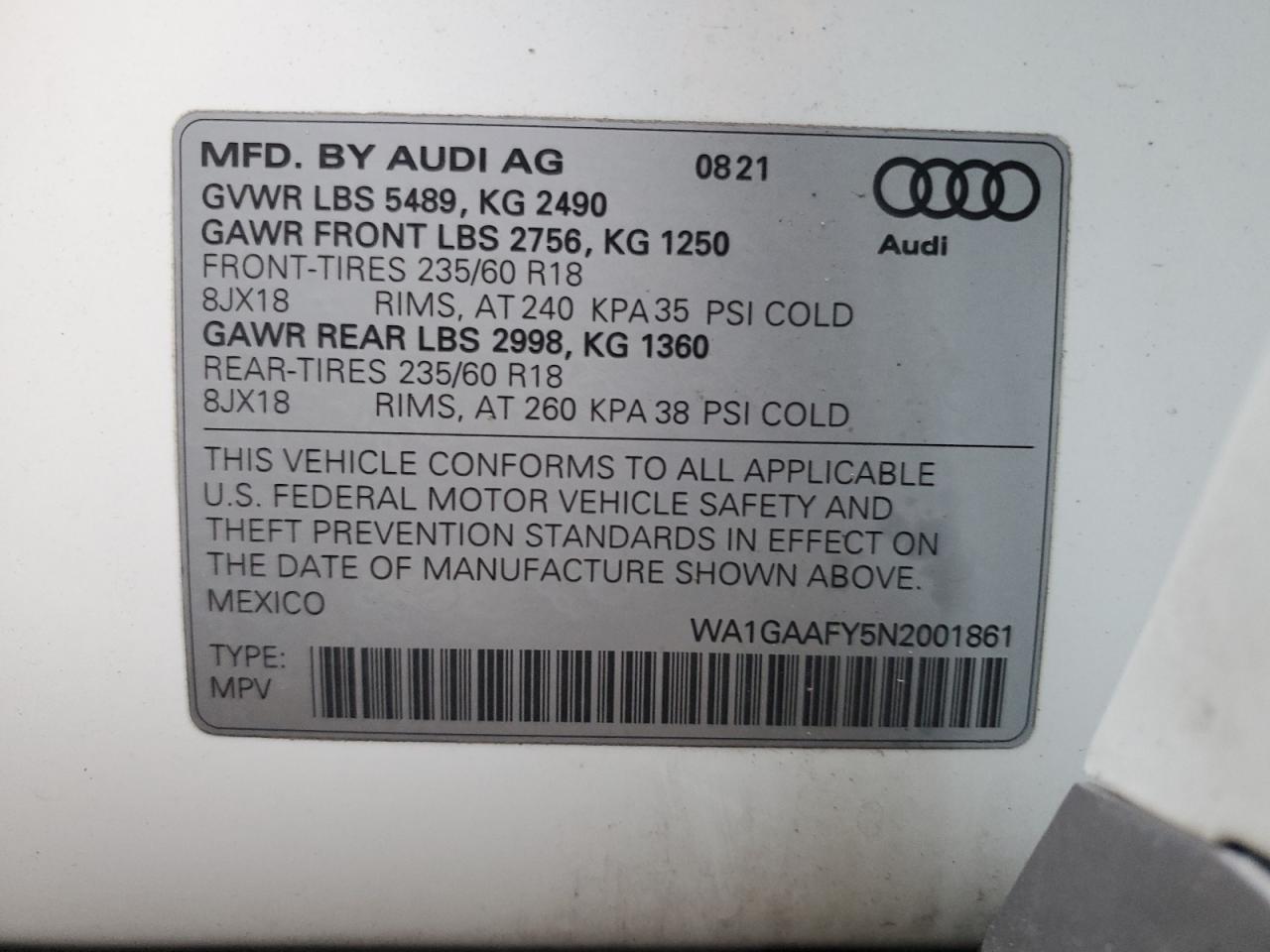 VIN WA1GAAFY5N2001861 2022 AUDI Q5 no.14