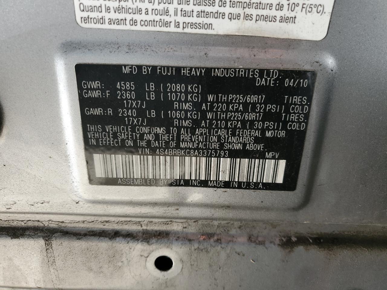 2010 Subaru Outback 2.5I Limited VIN: 4S4BRBKC8A3375793 Lot: 89356475