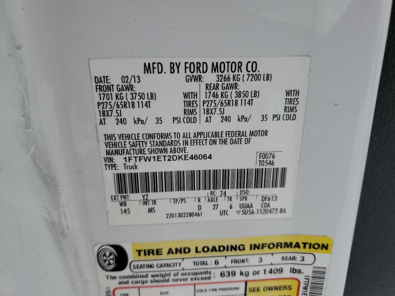 2013 Ford F150 Supercrew VIN: 1FTFW1ET2DKE46064 Lot: 42253935