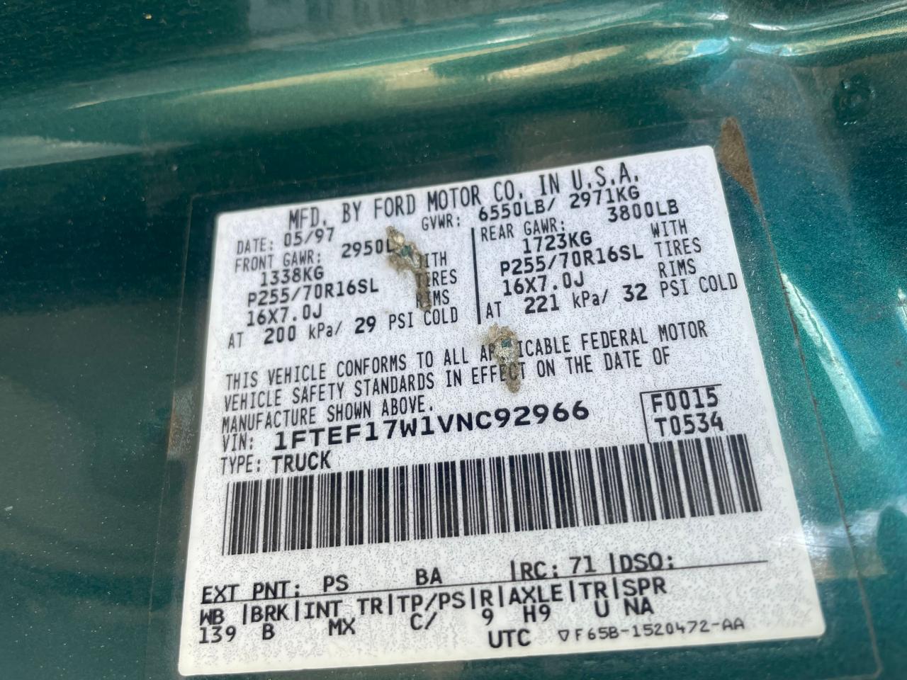 1997 Ford F150 VIN: 1FTEF17W1VNC92966 Lot: 42504065