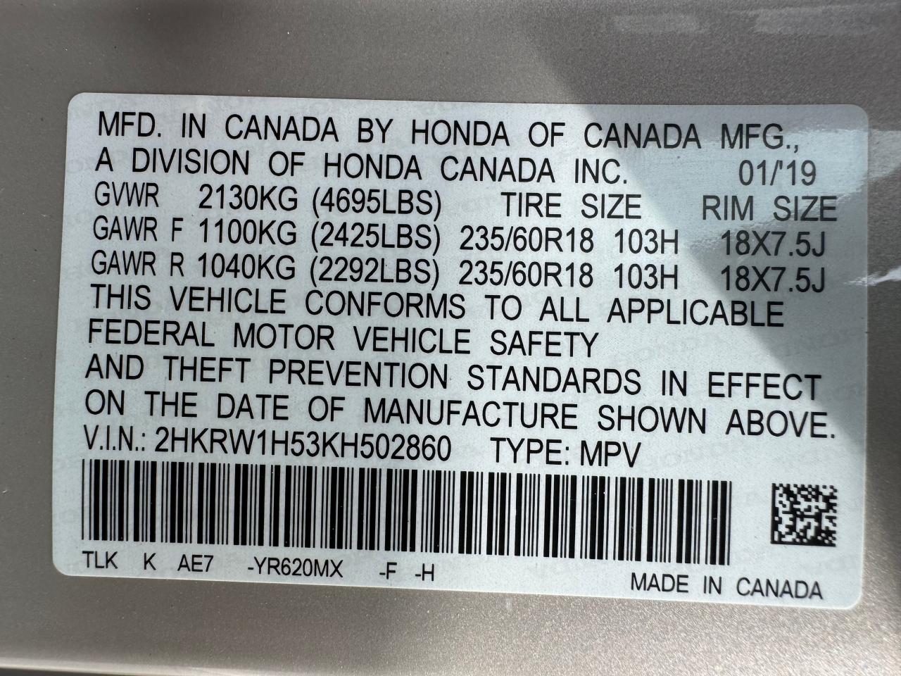 2019 Honda Cr-V Ex VIN: 2HKRW1H53KH502860 Lot: 43379925