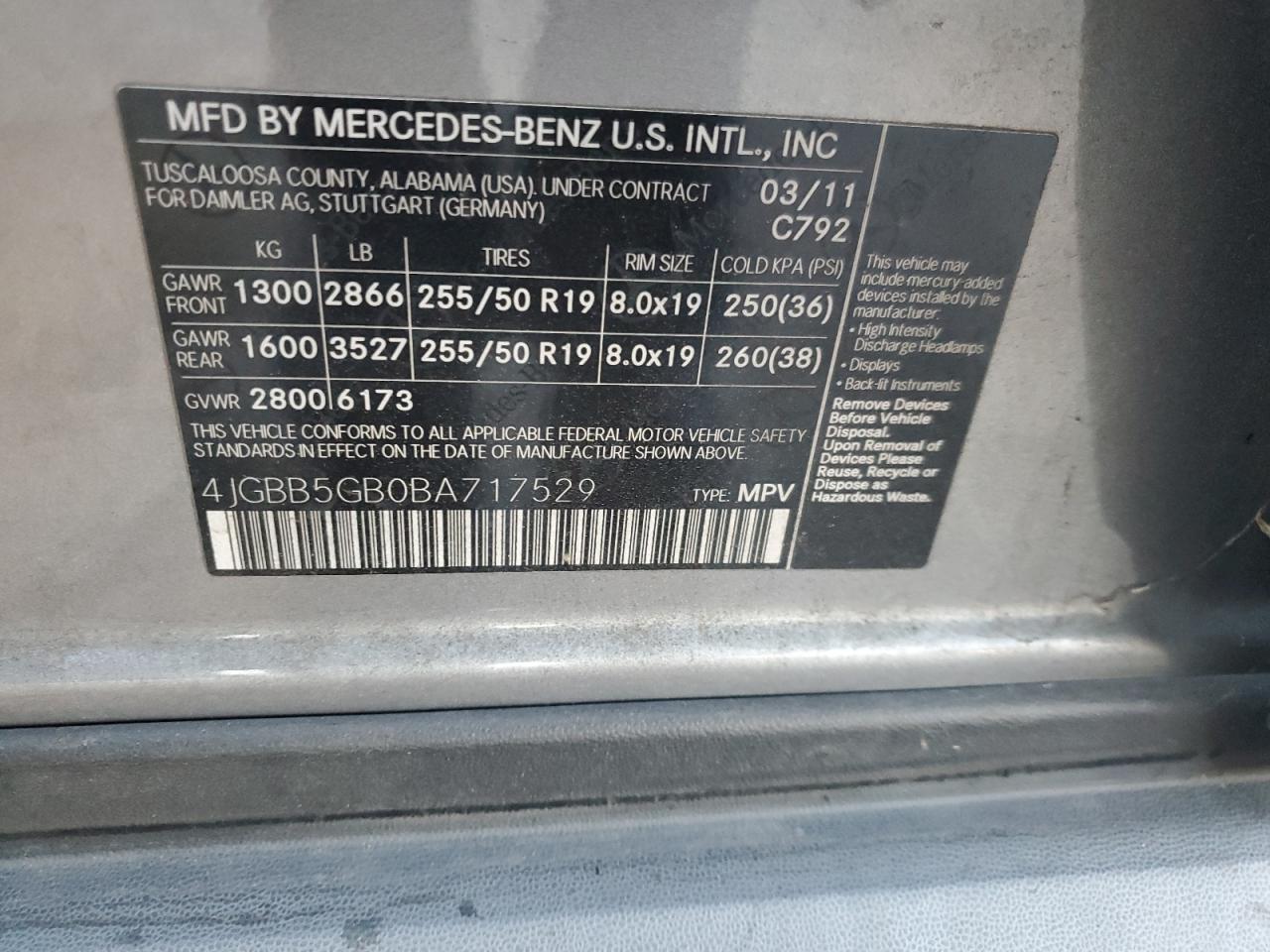 2011 Mercedes-Benz Ml 350 VIN: 4JGBB5GB0BA717529 Lot: 87764485