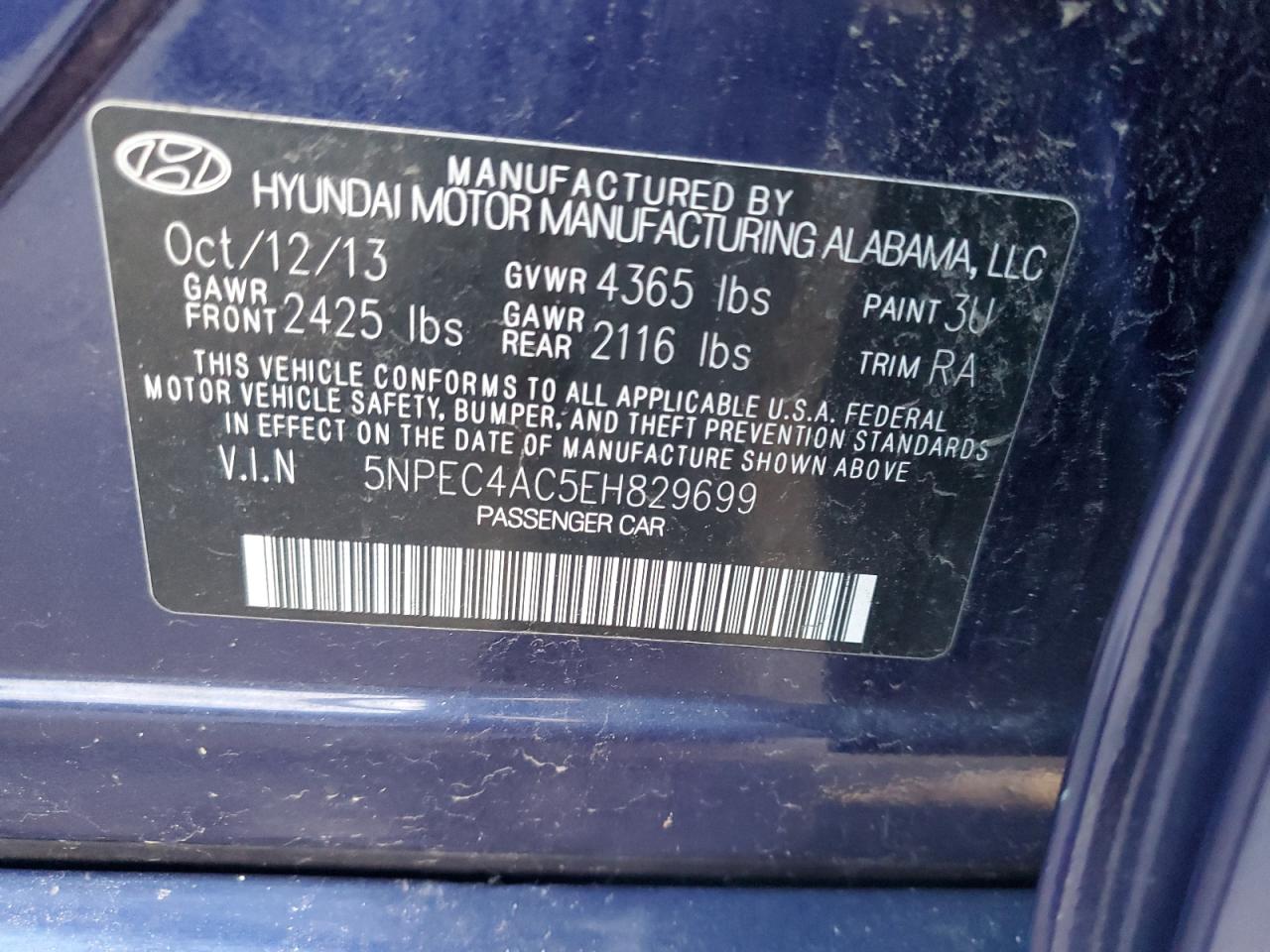 VIN 5NPEC4AC5EH829699 2014 HYUNDAI SONATA no.12