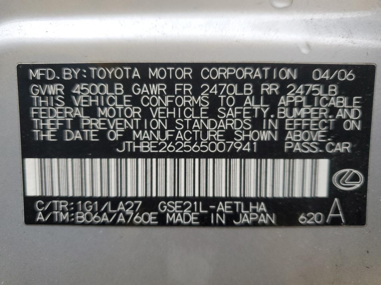 2006 Lexus Is 350 VIN: JTHBE262565007941 Lot: 89256955