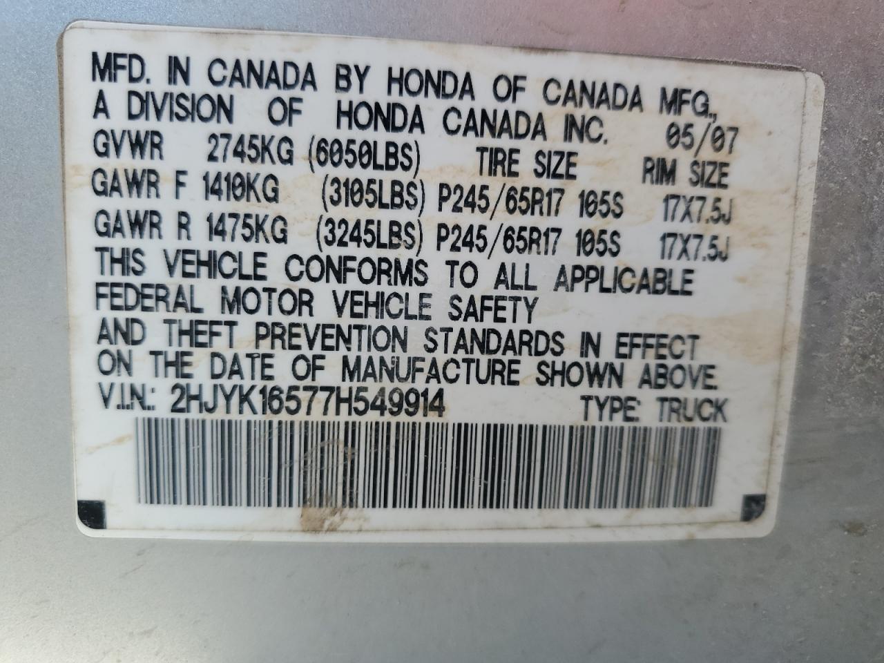 2007 Honda Ridgeline Rtl VIN: 2HJYK16577H549914 Lot: 41452535