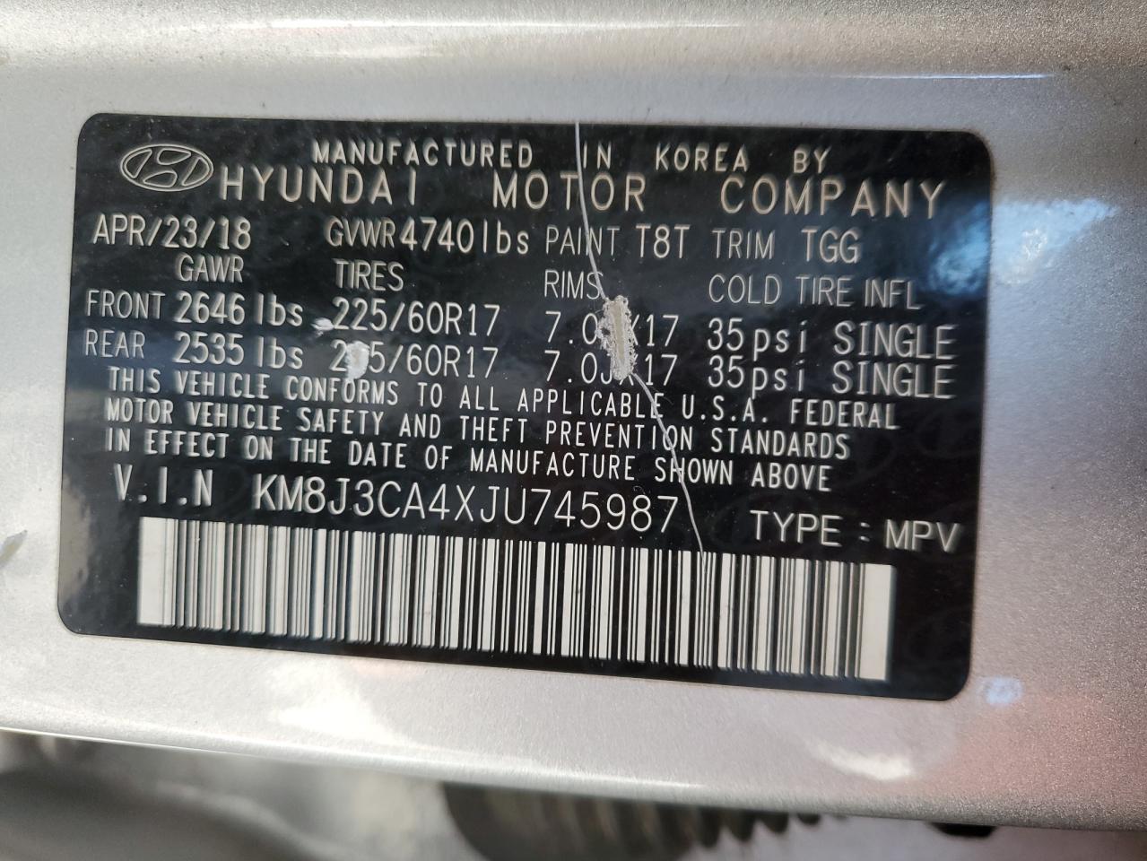 2018 Hyundai Tucson Sel VIN: KM8J3CA4XJU745987 Lot: 88412695