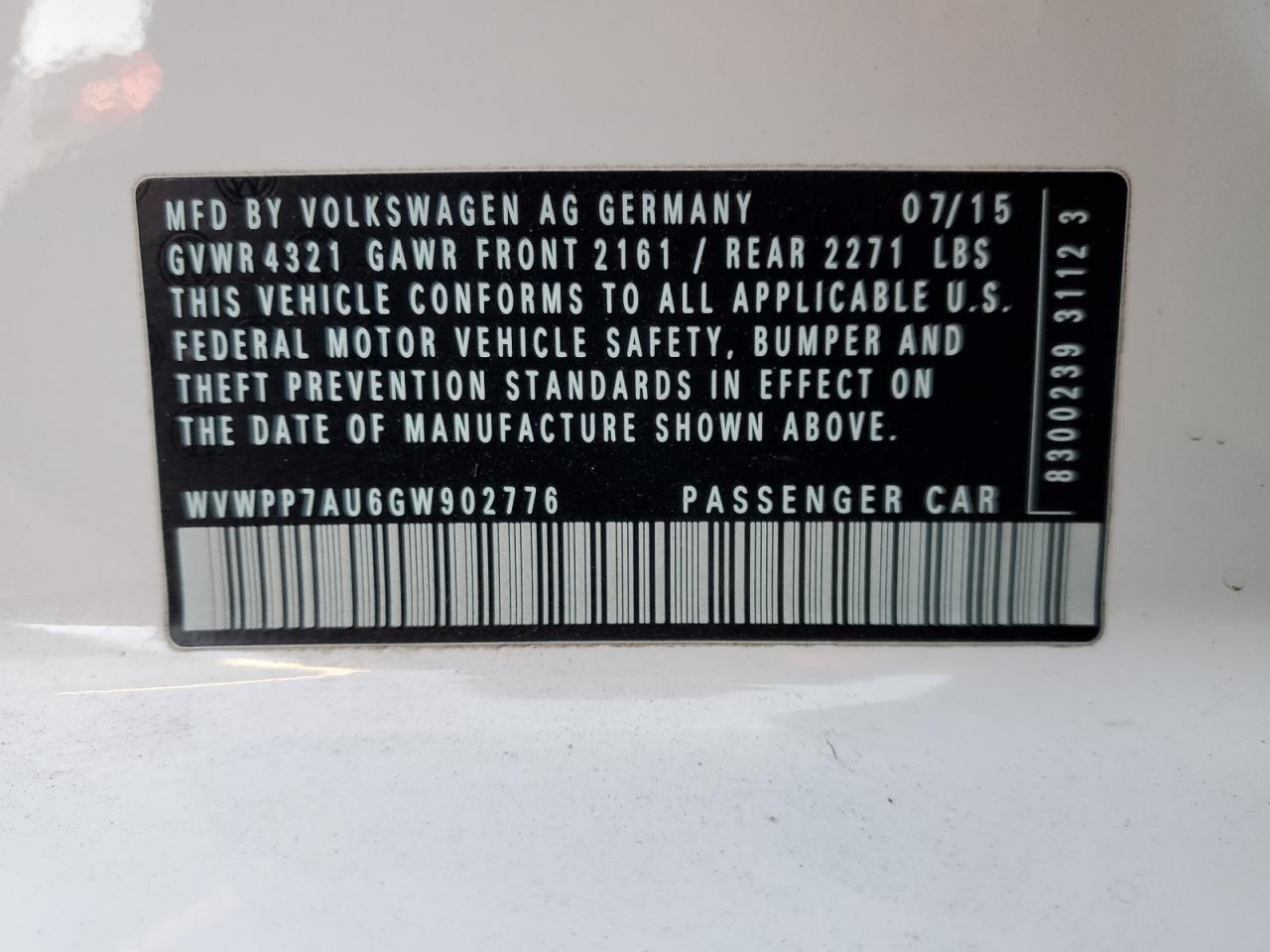 2016 Volkswagen E-Golf Sel Premium VIN: WVWPP7AU6GW902776 Lot: 88449645