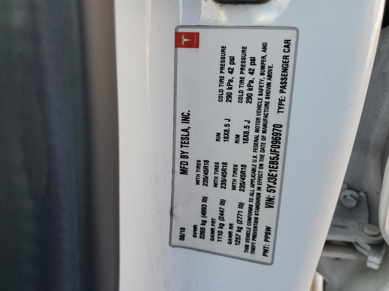 2018 Tesla Model 3 VIN: 5YJ3E1EB5JF096970 Lot: 41865235