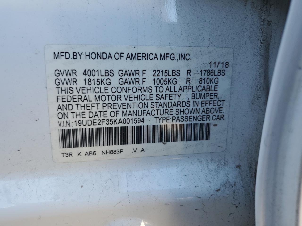 VIN 19UDE2F35KA001594 2019 ACURA ILX no.12