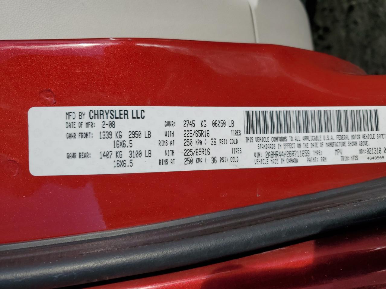 2008 Chrysler Town & Country Lx VIN: 2A8HR44H28R711659 Lot: 87470924