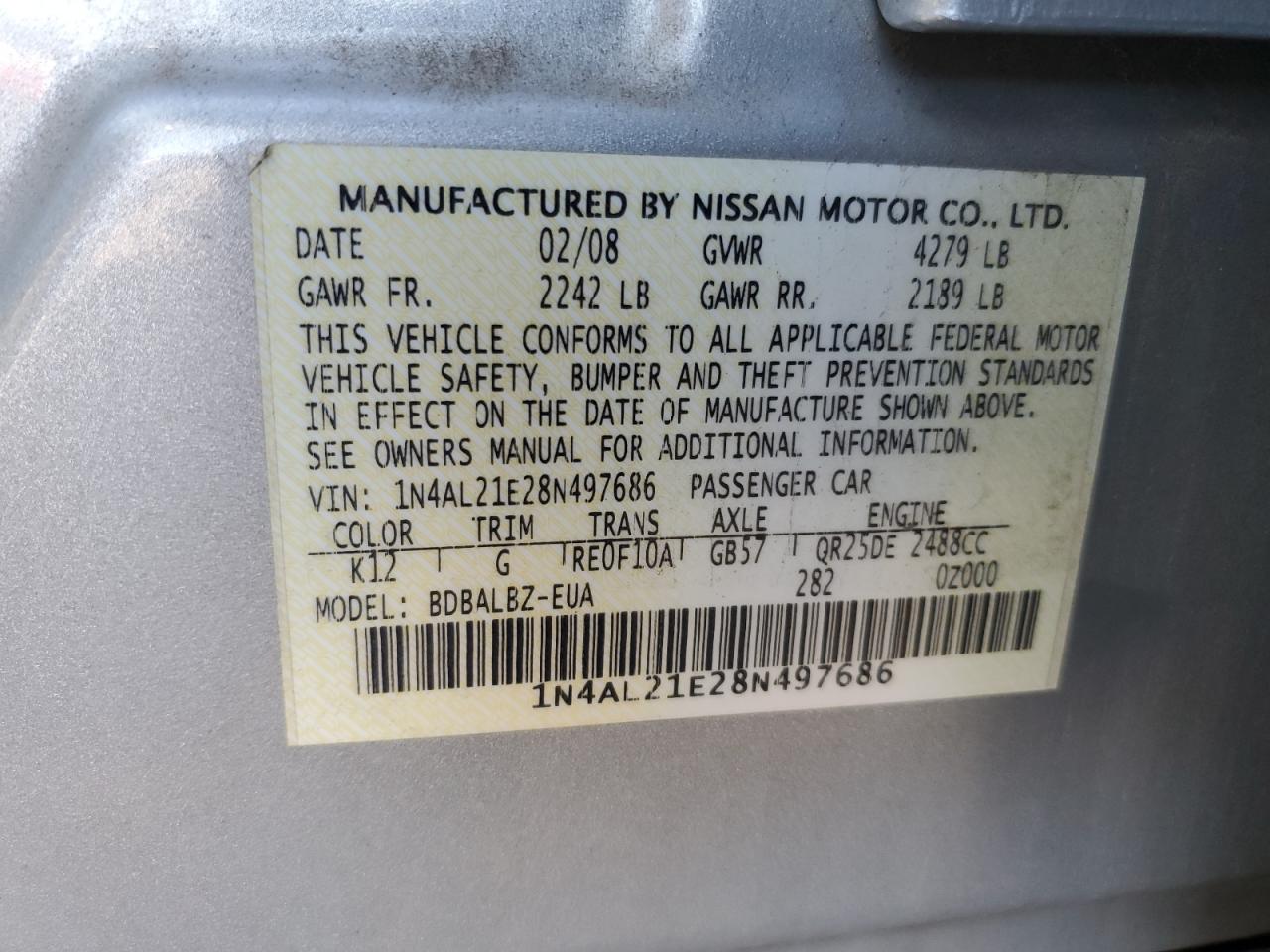 2008 Nissan Altima 2.5 VIN: 1N4AL21E28N497686 Lot: 94927005