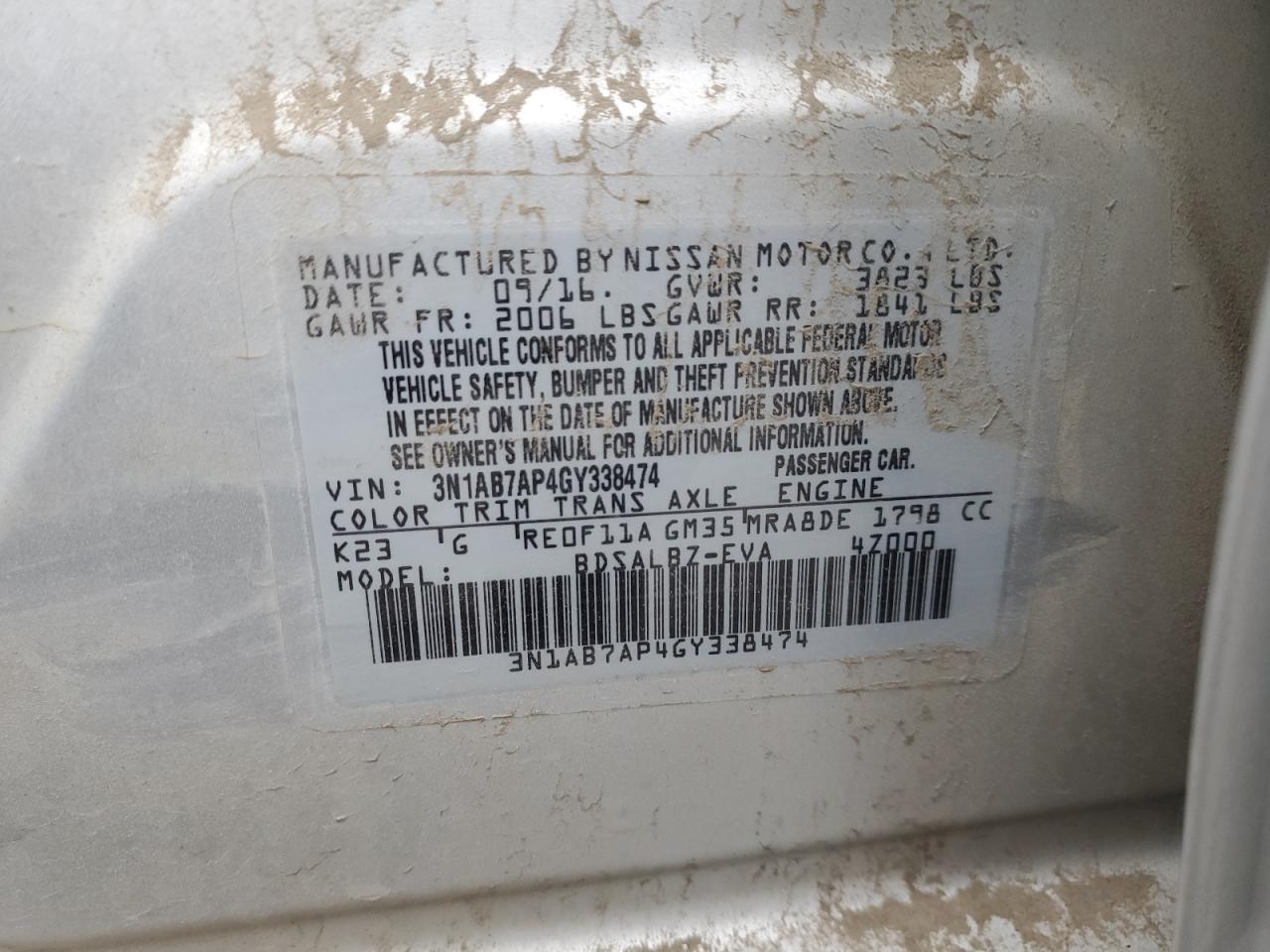 VIN 3N1AB7AP4GY338474 2016 NISSAN SENTRA no.13