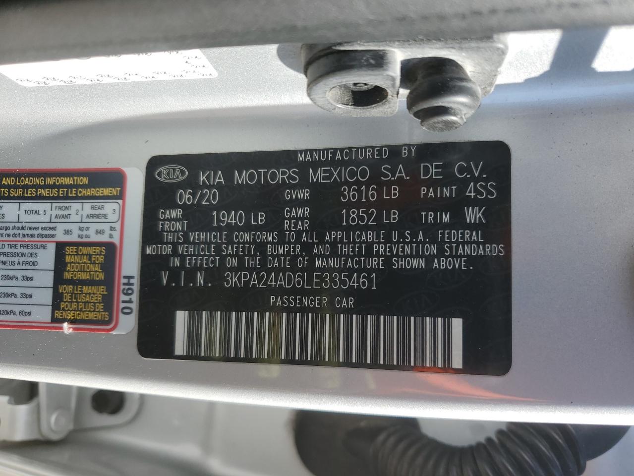 2020 Kia Rio Lx VIN: 3KPA24AD6LE335461 Lot: 87218524