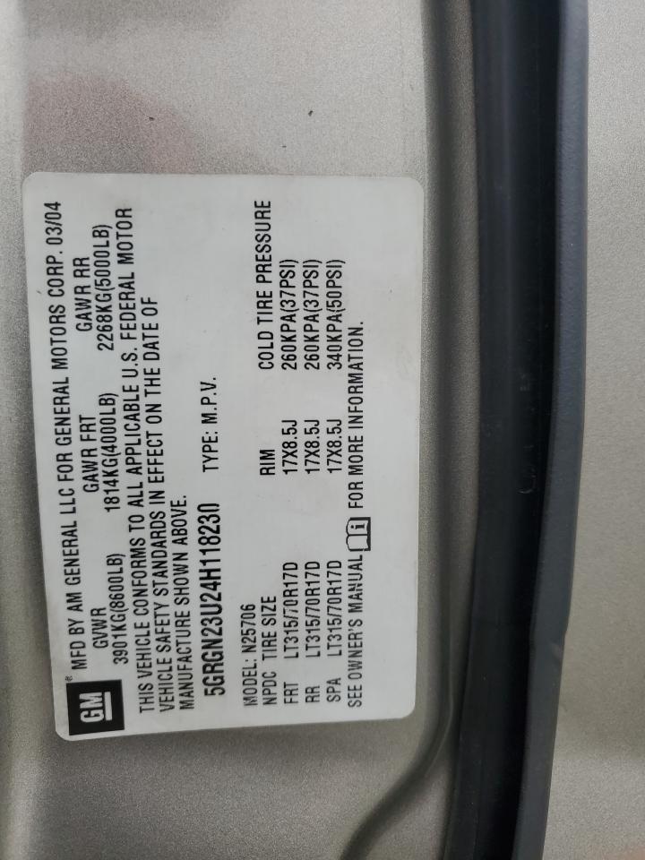 2004 Hummer H2 VIN: 5GRGN23U24H118230 Lot: 87764075