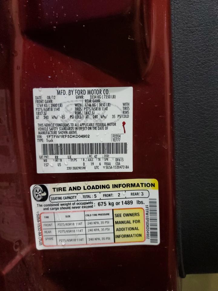 2013 Ford F150 Supercrew VIN: 1FTFW1EF5DKD04902 Lot: 89126425