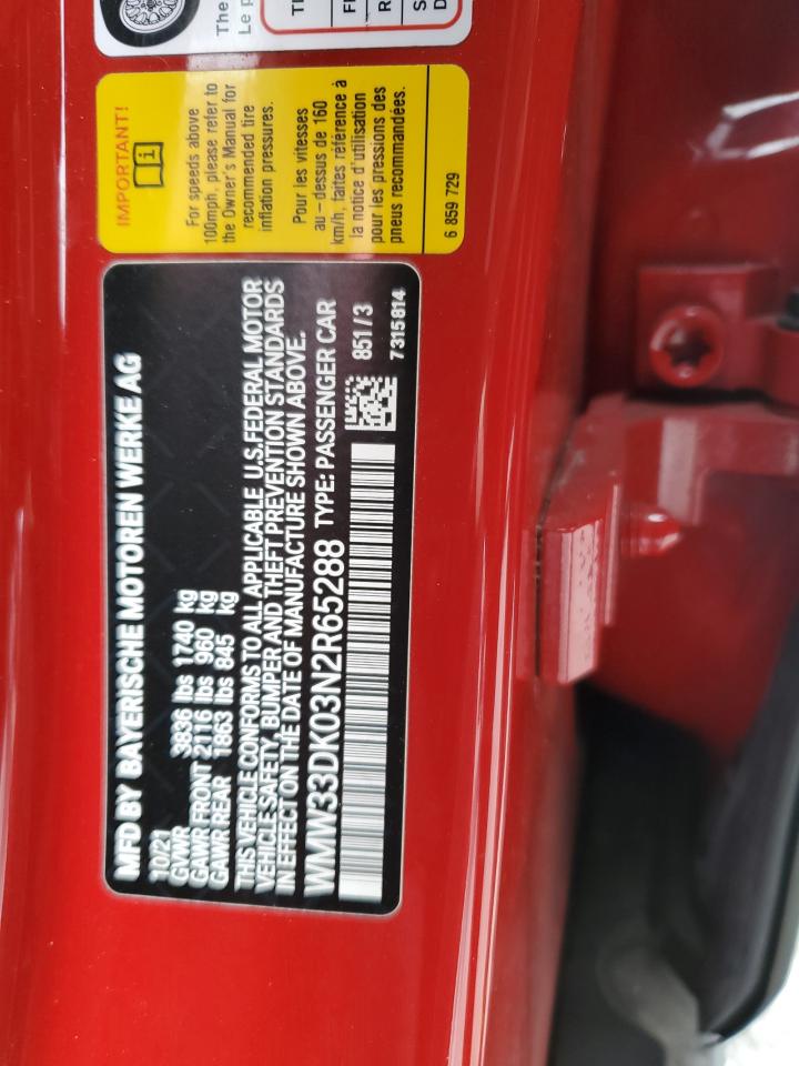 2022 Mini Cooper VIN: WMW33DK03N2R65288 Lot: 87943365