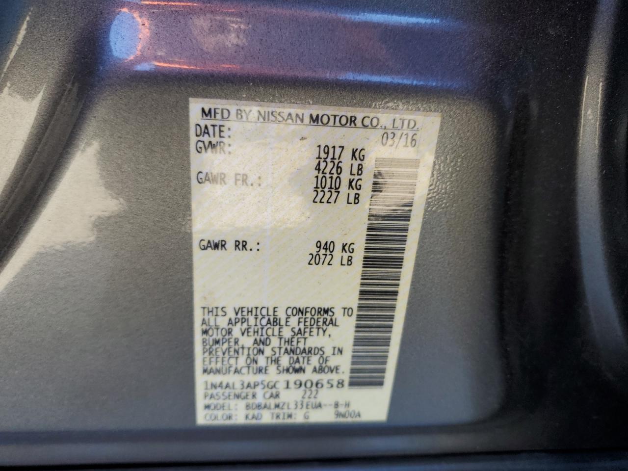 2016 Nissan Altima 2.5 VIN: 1N4AL3AP5GC190658 Lot: 86868684