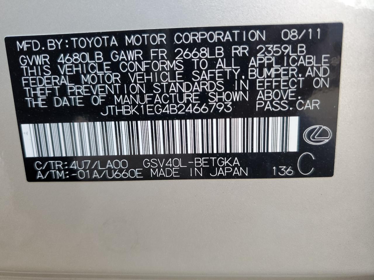 2011 Lexus Es 350 VIN: JTHBK1EG4B2466793 Lot: 87185374