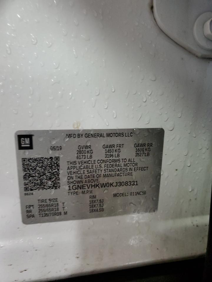 2019 Chevrolet Traverse Lt VIN: 1GNEVHKW0KJ308331 Lot: 89391335