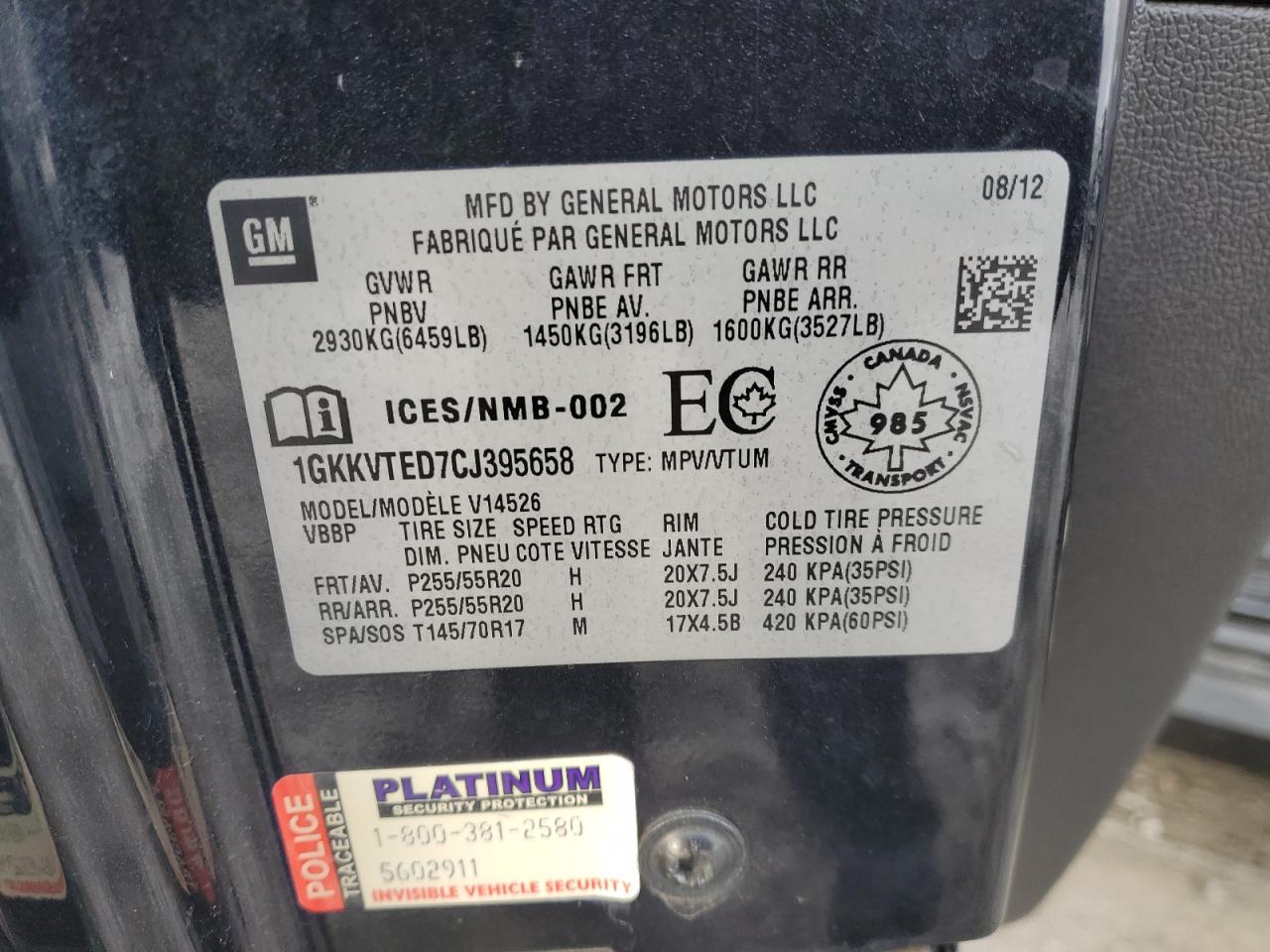 2012 GMC Acadia Denali VIN: 1GKKVTED7CJ395658 Lot: 87899585