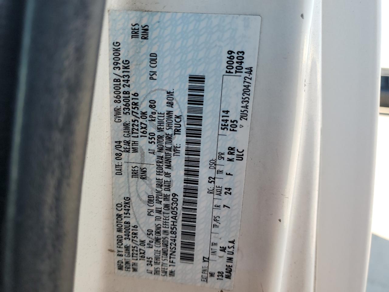 2005 Ford Econoline E250 Van VIN: 1FTNS24L85HA05309 Lot: 88669905