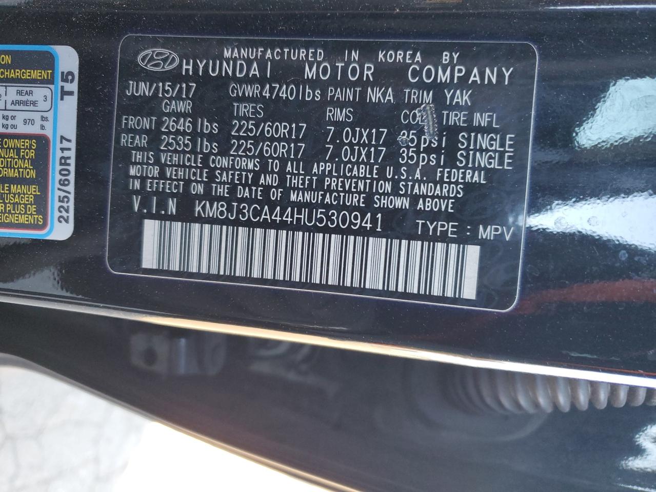 2017 Hyundai Tucson Limited VIN: KM8J3CA44HU530941 Lot: 87853145