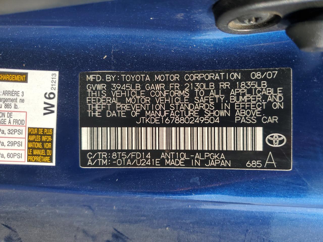 2008 Toyota Scion Tc VIN: JTKDE167880249504 Lot: 87727765