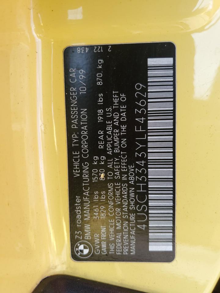 2000 BMW Z3 2.8 VIN: 4USCH3343YLF43629 Lot: 88303095