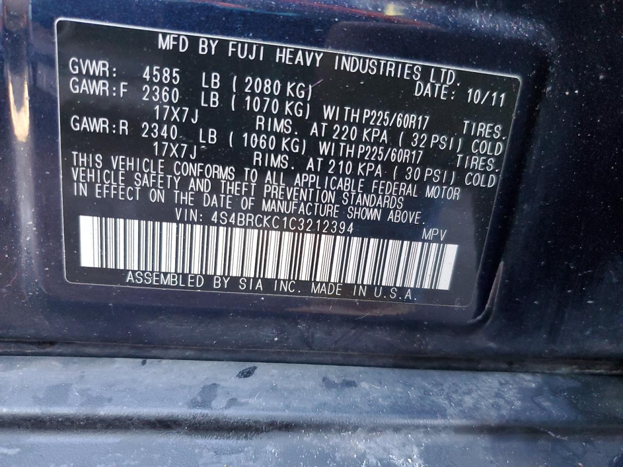 2012 Subaru Outback 2.5I Limited VIN: 4S4BRCKC1C3212394 Lot: 87579365