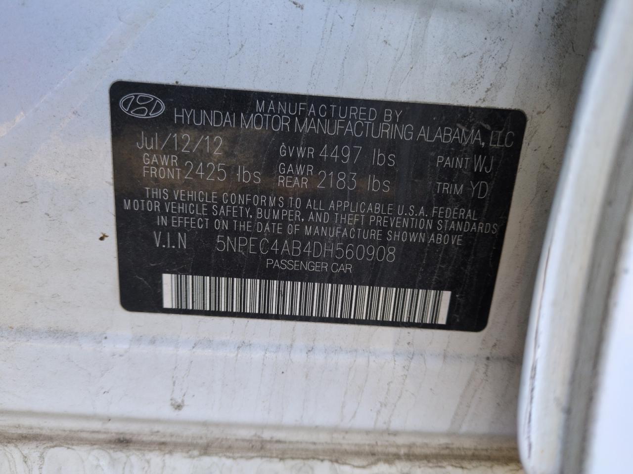 2013 Hyundai Sonata Se VIN: 5NPEC4AB4DH560908 Lot: 87726715