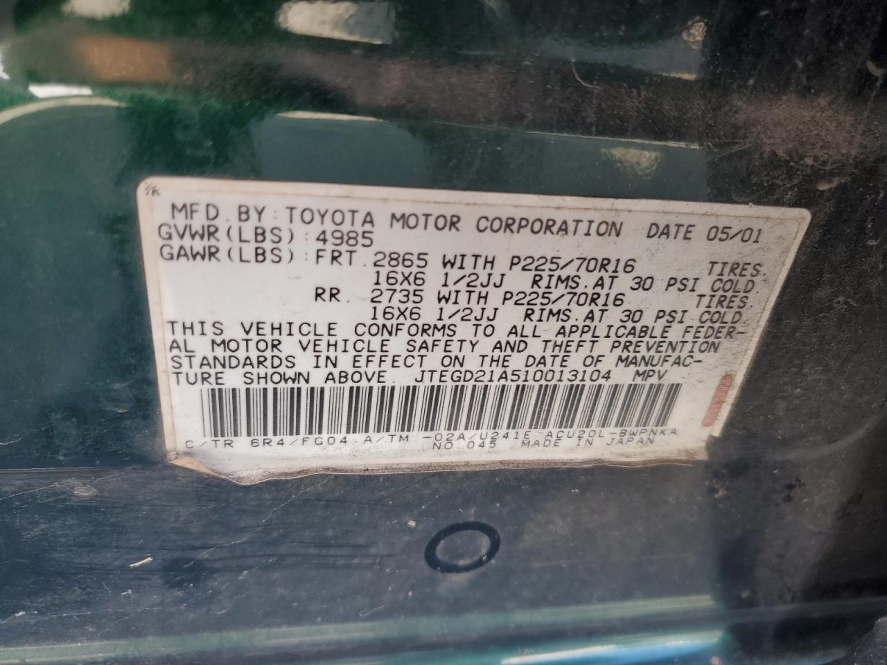 2001 Toyota Highlander VIN: JTEGD21A510013104 Lot: 88795915